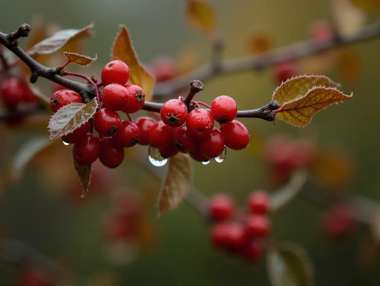 Rowan Branch Decorated with Red Berries and Water Droplets in Fall