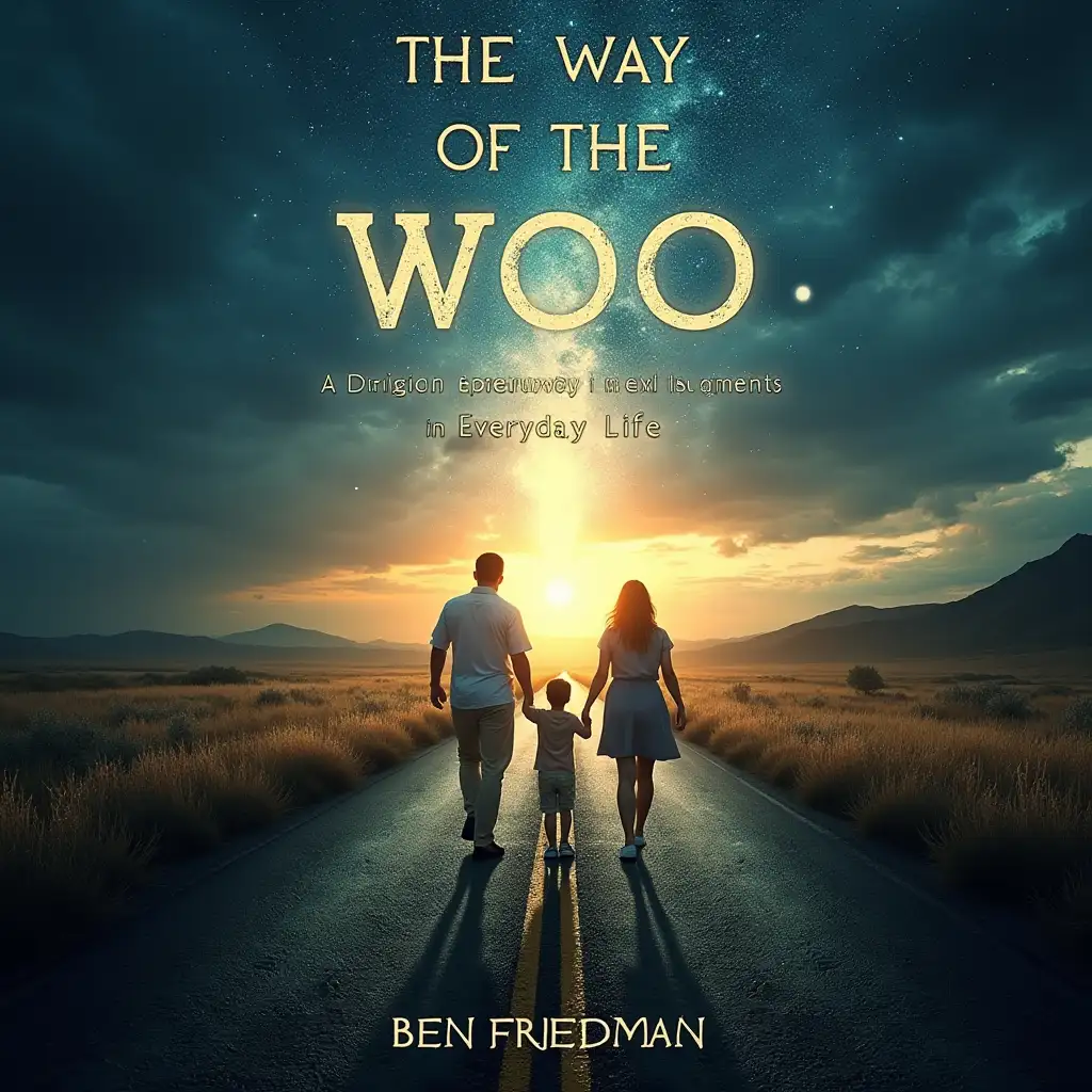 Create a powerful, awesome inspiring book cover with the title, The Way of the WOO The World of Obscurity: Hidden Meanings in Everyday Life, By Ben Friedman Show A man, woman and child at a road fork, looking in different directions, opens up a path in the form of a light horizon, symbolizing the universe's hidden meanings and finding answers