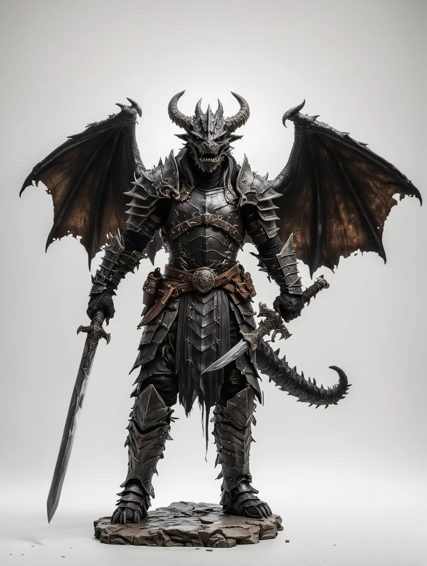 The black Dragonborn raises his sword above his head. White background