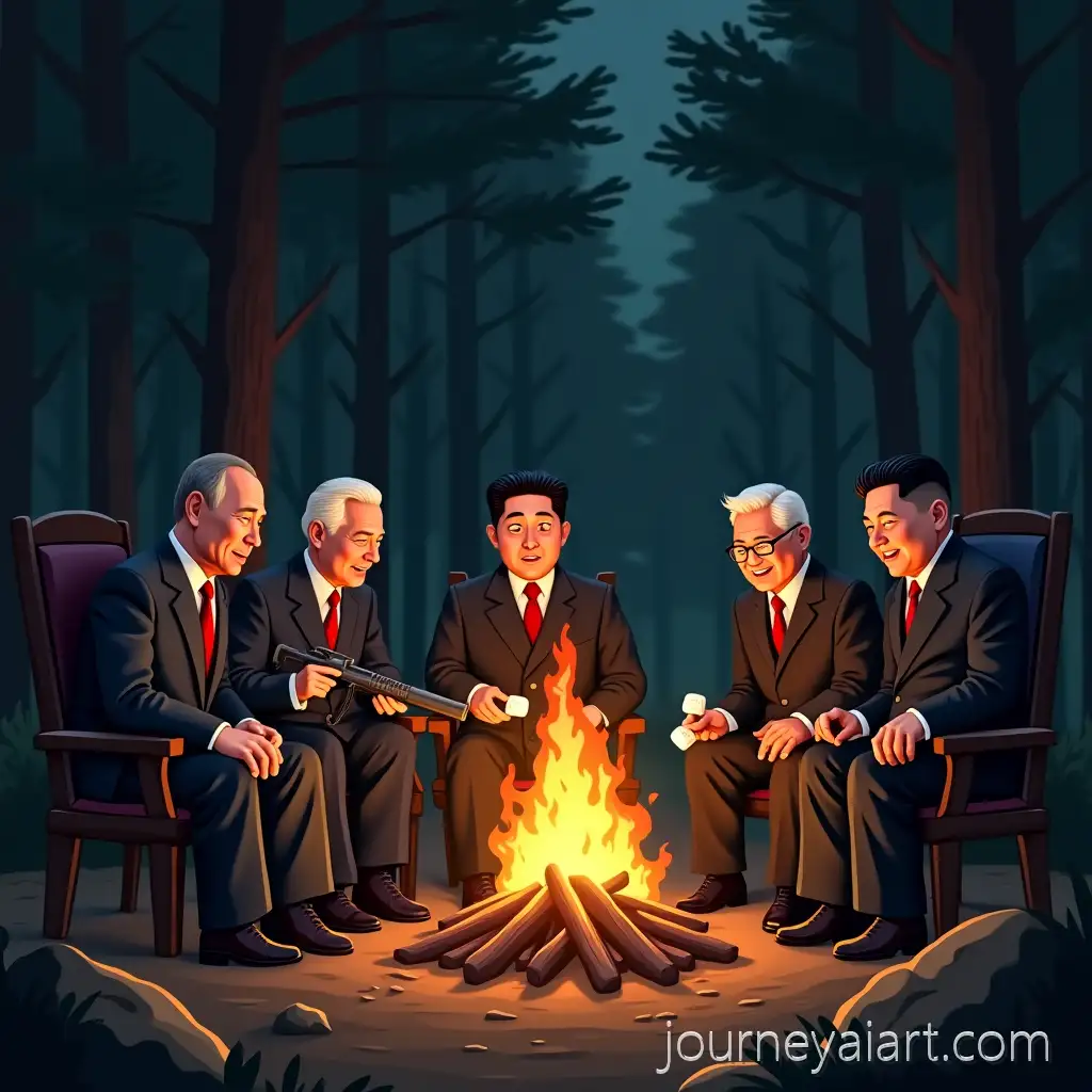 World-Leaders-at-Night-CampfireAI-Image-Prompt-Expansion-in-the-Forest-with-Exaggerated-Expressions
