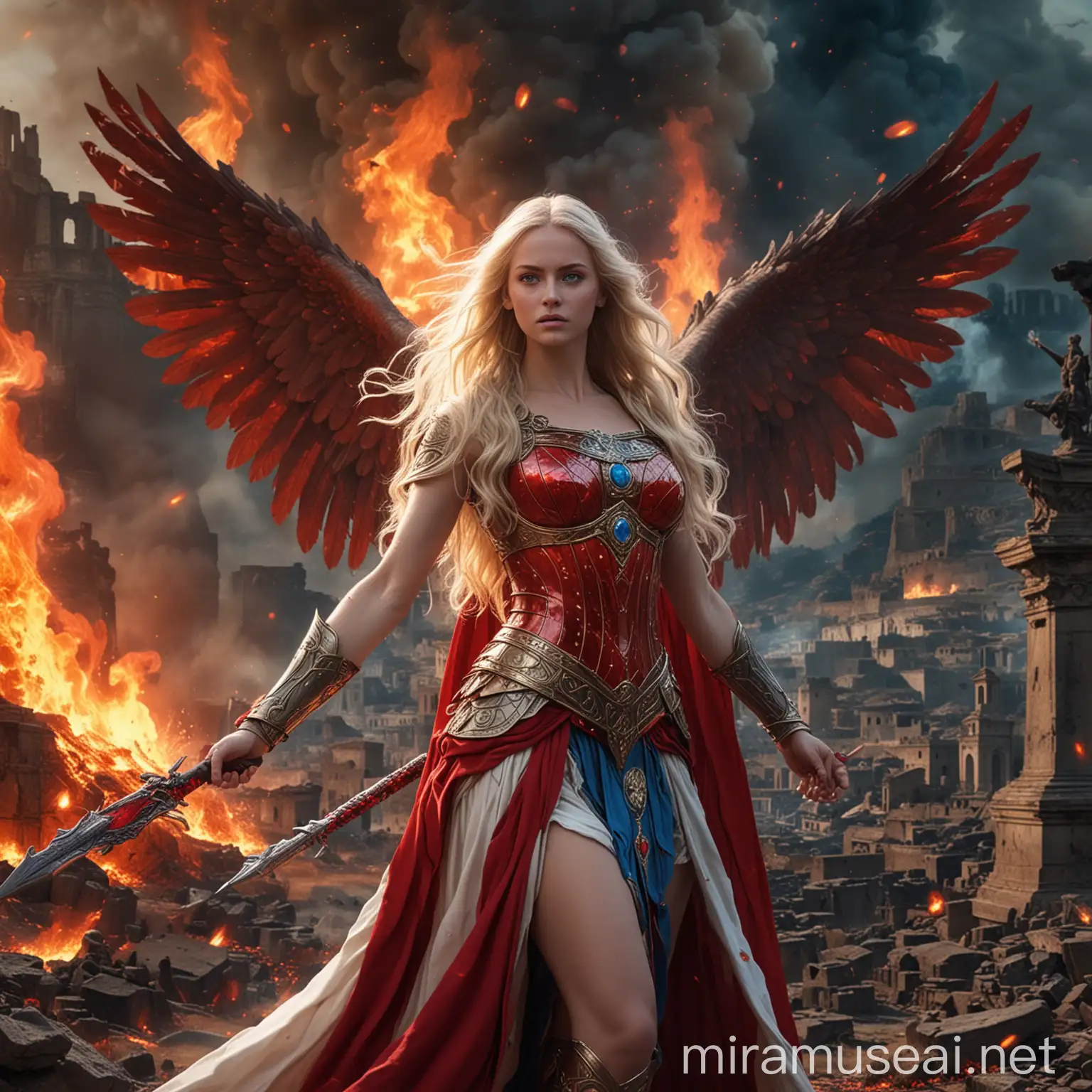 Blonde Goddess Empress in Combat with Giant Wings and Fire Circles