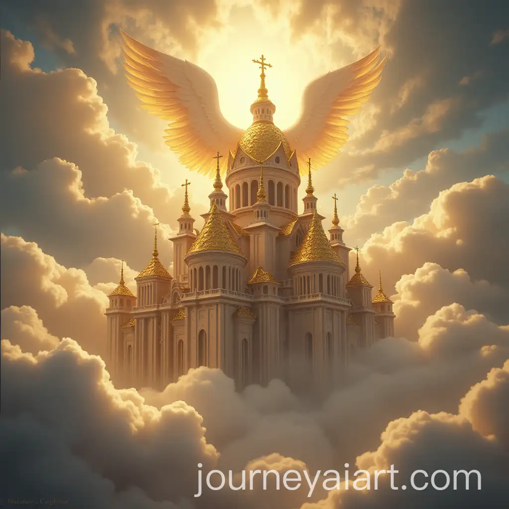 Maronite-Cathedral-Surrounded-by-Clouds-with-Jesus-Christ-Embracing-It-and-Angels-Playing-Trumpets