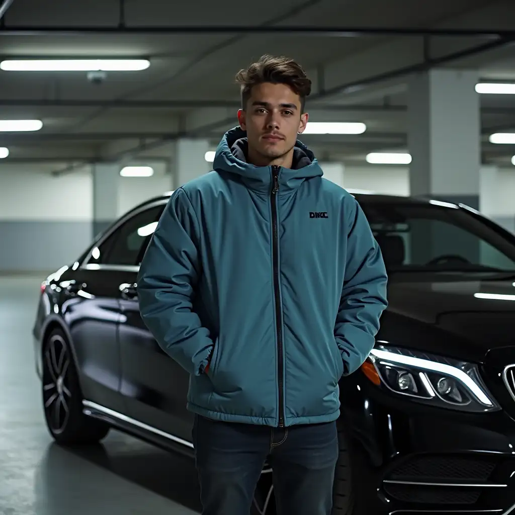 Young-Man-in-Light-Blue-Jacket-Standing-Next-to-Black-Mercedes-in-Parking-Garage