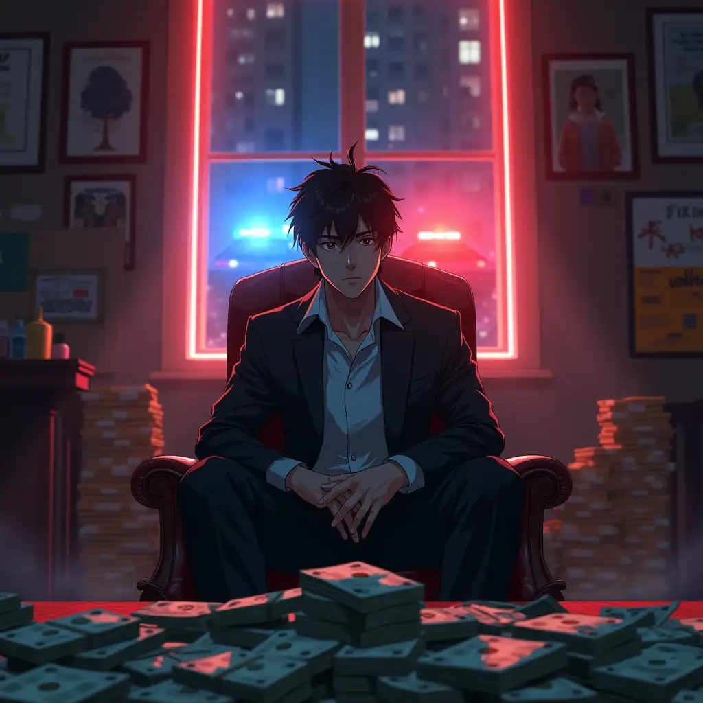 Young-Man-Surrounded-by-Cash-with-Police-Lights-in-a-Dramatic-Anime-Scene