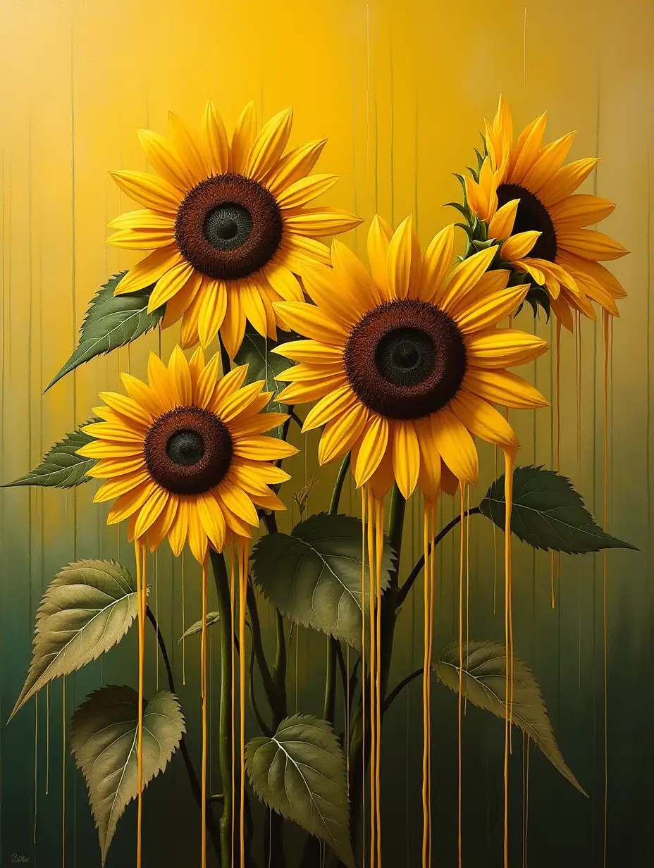 a surrealist painting with sunflowers with yellow water dripping all over, in the style of surrealistic grotesque, nature scenes, delicate brushstrokes, iconic, massurrealism --ar 35:64 --stylize 750