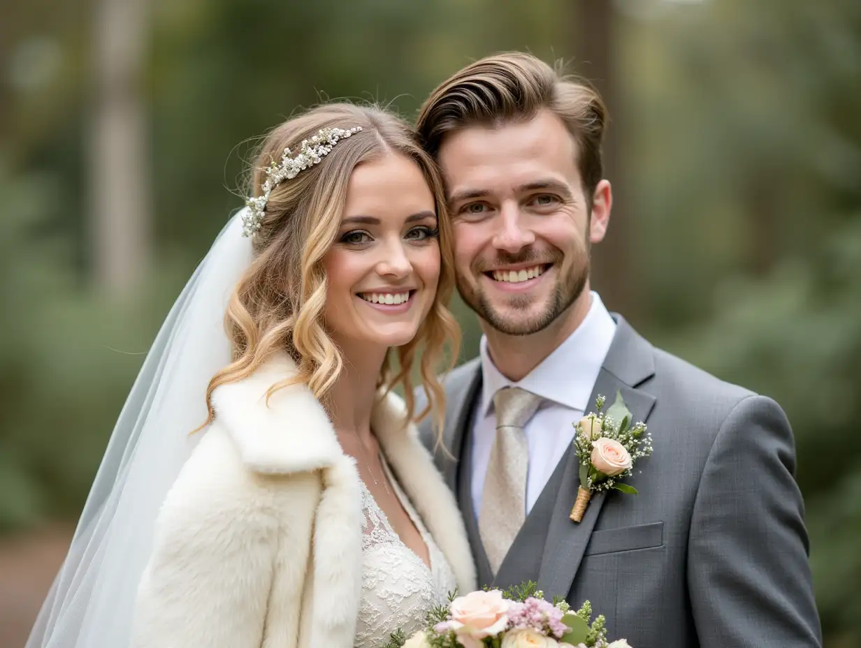 a bride in a white lace dress with a fur coat with flowers and groom in gray suit with boutonniere