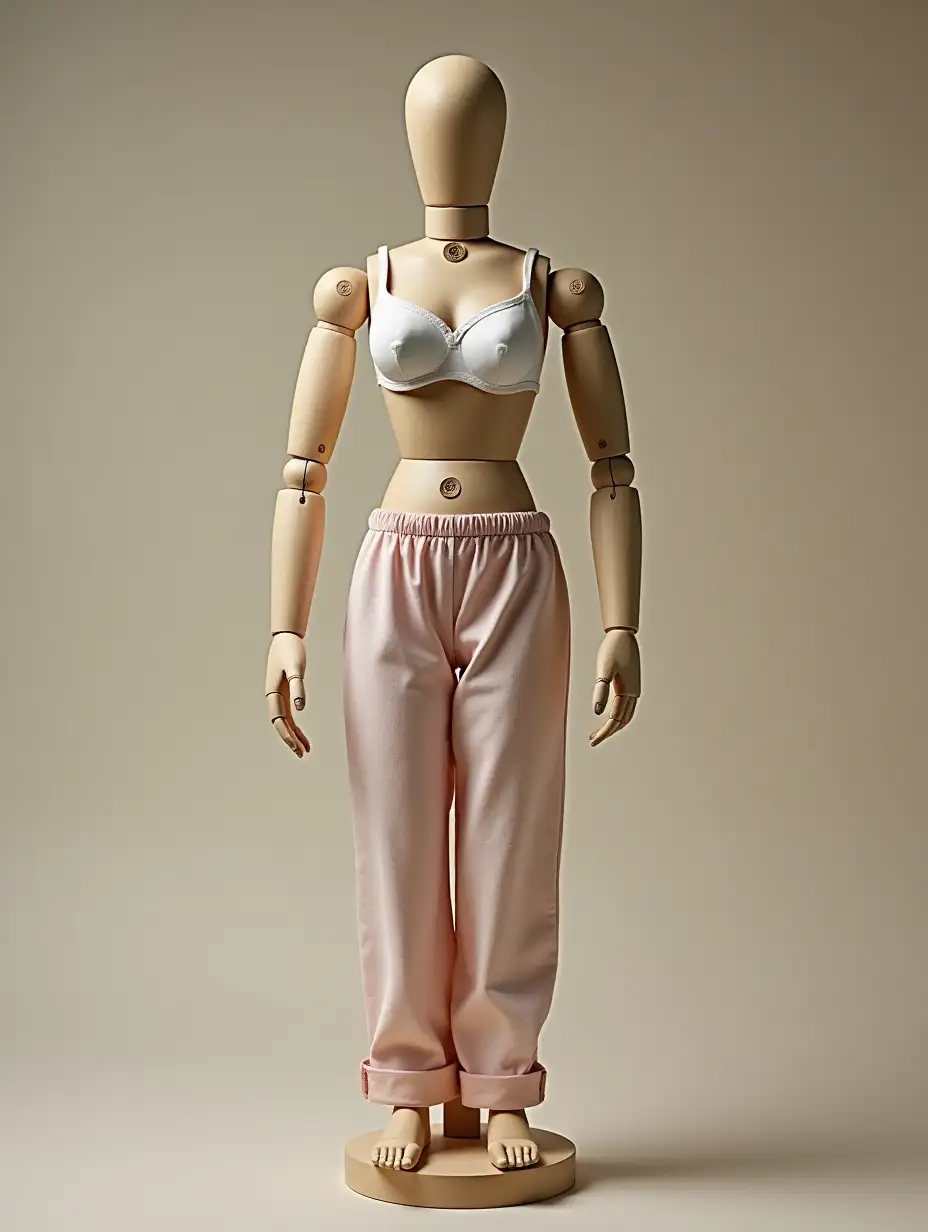 Wooden-Mannequin-Displaying-Pajama-Pants-and-Tiny-White-Bra