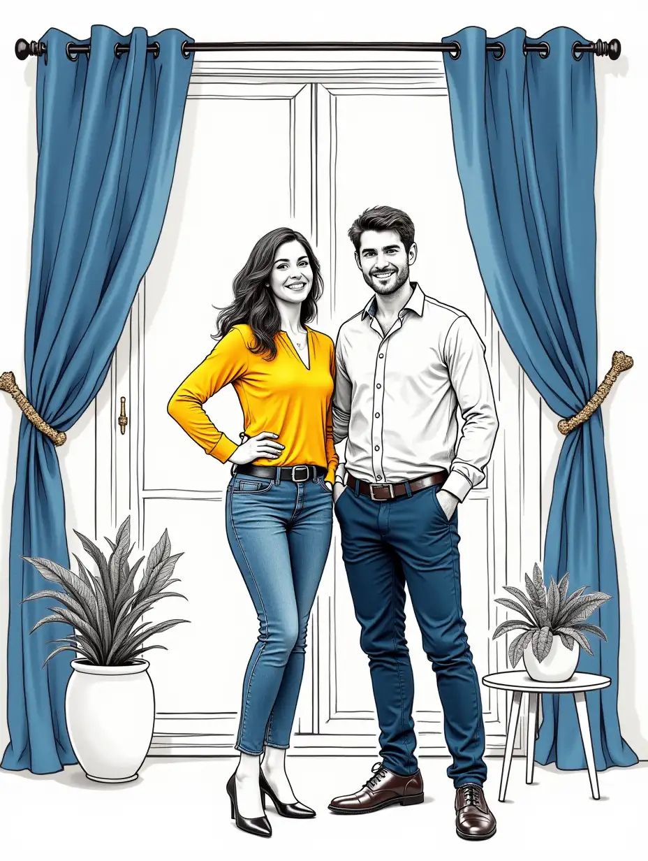 A modern, intricate ink sketch of a man and a woman in business attire standing proudly in front of a beautifully furnished apartment, looking happy and satisfied after completing their renovation. They stand confidently, with expressions of accomplishment, as they admire their transformed living space. The background showcases a stylish, well-designed interior with elegant navy blue curtains framing the window, adding warmth and sophistication. The composition is primarily in high-contrast black and white, with subtle yet striking accents in Signal Yellow and Pearl Night Blue highlighting key elements such as the woman’s blouse, the man’s trousers, and decorative details in the interior. The overall scene conveys a sense of success, harmony, and inspiration.