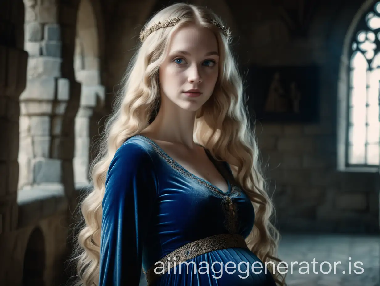 Close portrait of beautiful pregnant female with very long wavy blonde hair, pale skin wearing a simple velvet blue dress, medieval era, castle hall, detailed, very realistic, HD, nobility aesthetic, cinematic concept