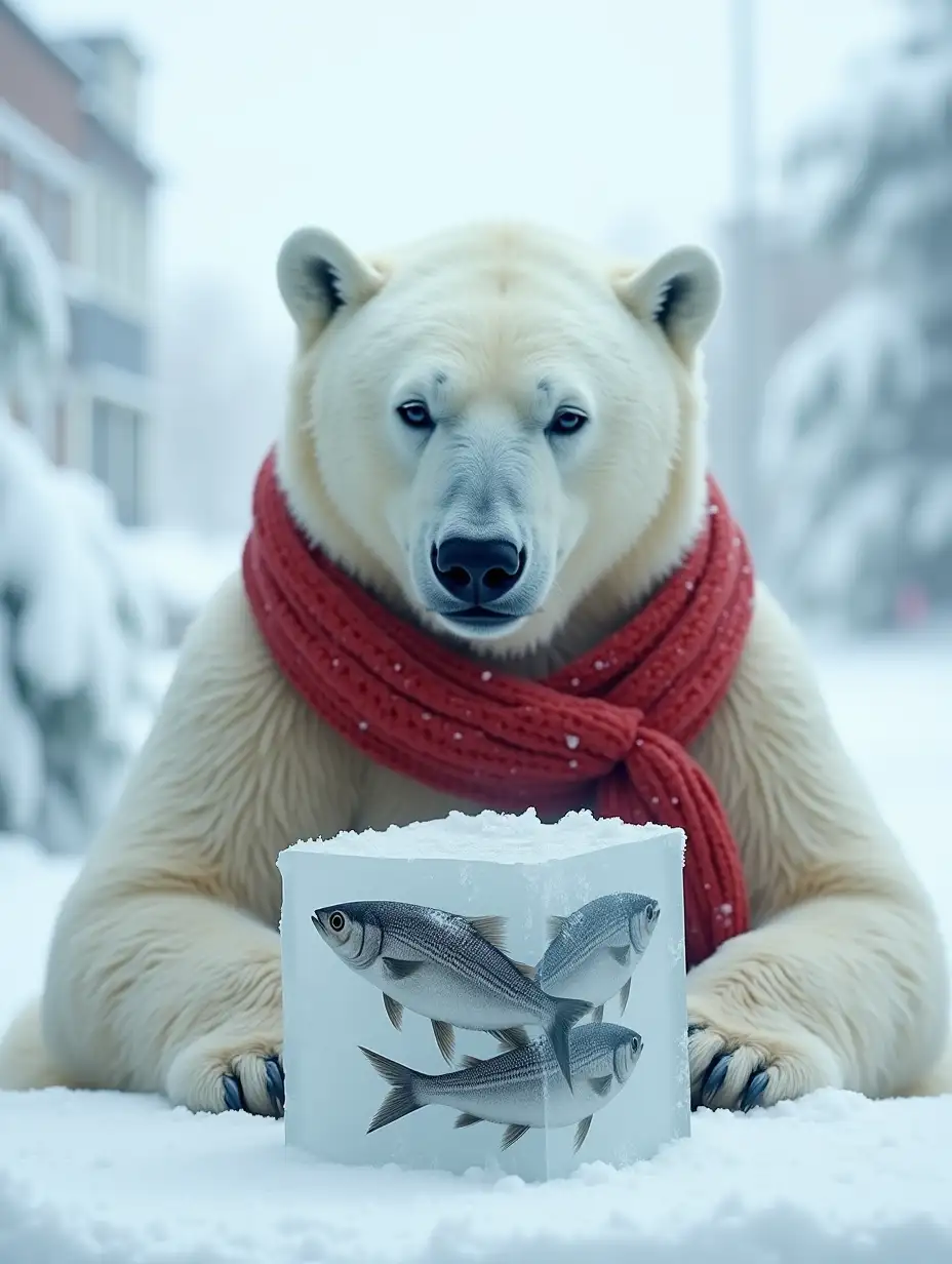 A Photo of a huge polar bear with very white fur is sitting at a table on a snowy street. The bear is wearing a bright red warm scarf. The bear cries. On the table in front of the bear is a huge transparent cube of ice with frozen fish. The polar bear has a very sad expression on his face, with jealousy and boredom in his eyes. The background is filled with thick layers of snow, which creates a cold and wintery atmosphere. The whole scene conveys a melancholic. White background.