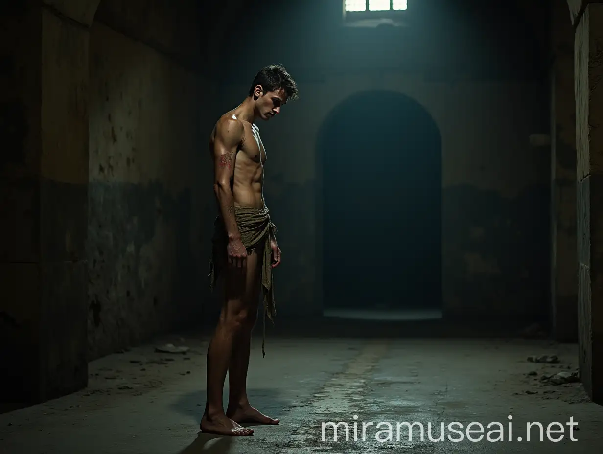 Vulnerable Young Man in an Ancient Prison Vault