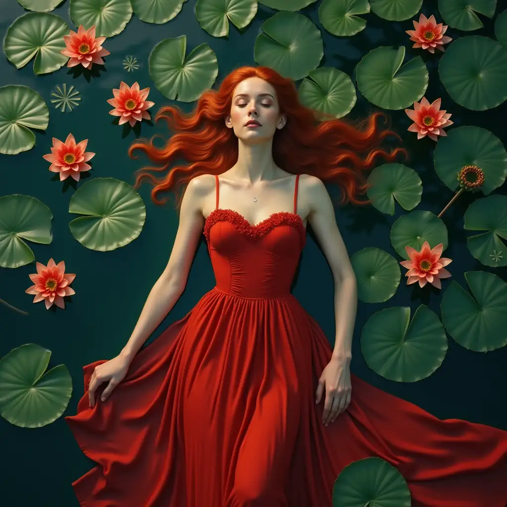 A woman with red hair and a red dress floats peacefully on a pond, surrounded by lily pads and water lilies.