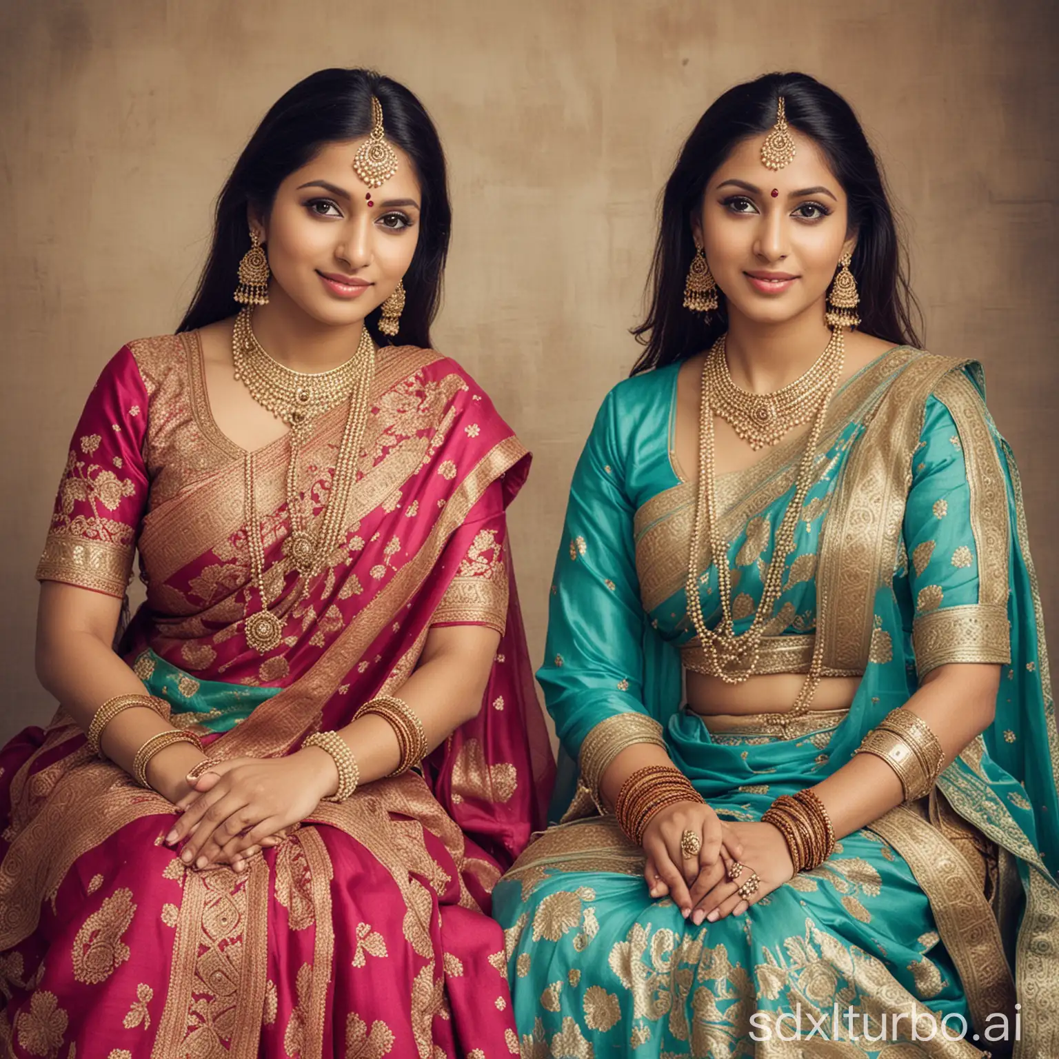 Two beautiful Indian women wearing traditional Eastern garments, likely sarees or similar attire. They are sitting down and posing for the picture. The women have ornate and colorful clothing, showcasing cultural and religious elements.
