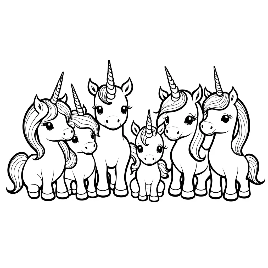 Six-Baby-Unicorns-Coloring-Page-in-Black-and-White-Line-Art