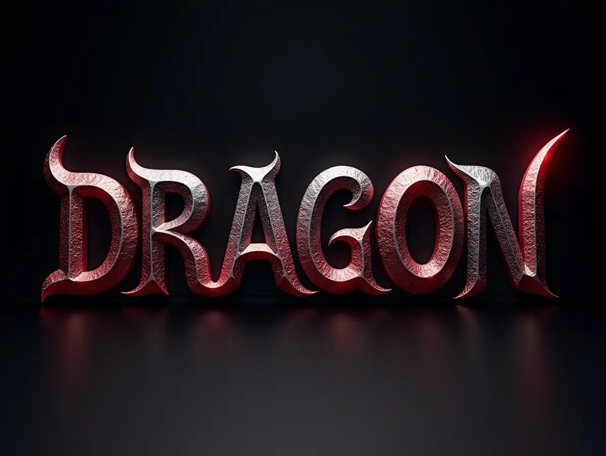 realistic 3D. curved letter composition, spelling DRAGON. animated glowing, dark with red and silver elements, front view.