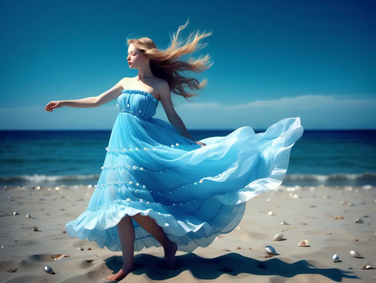 Girl-Searching-for-Pearls-on-a-Shore-with-a-Bright-Blue-Sea-and-Sky