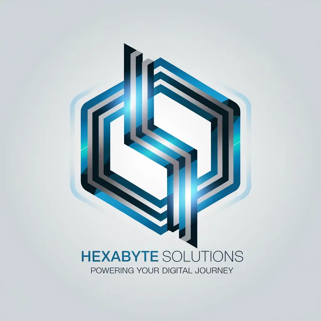 LOGO Design for HEXABYTE SOLUTIONS Futuristic 3D Hexagon with Blue Silver Black Glowing Effect