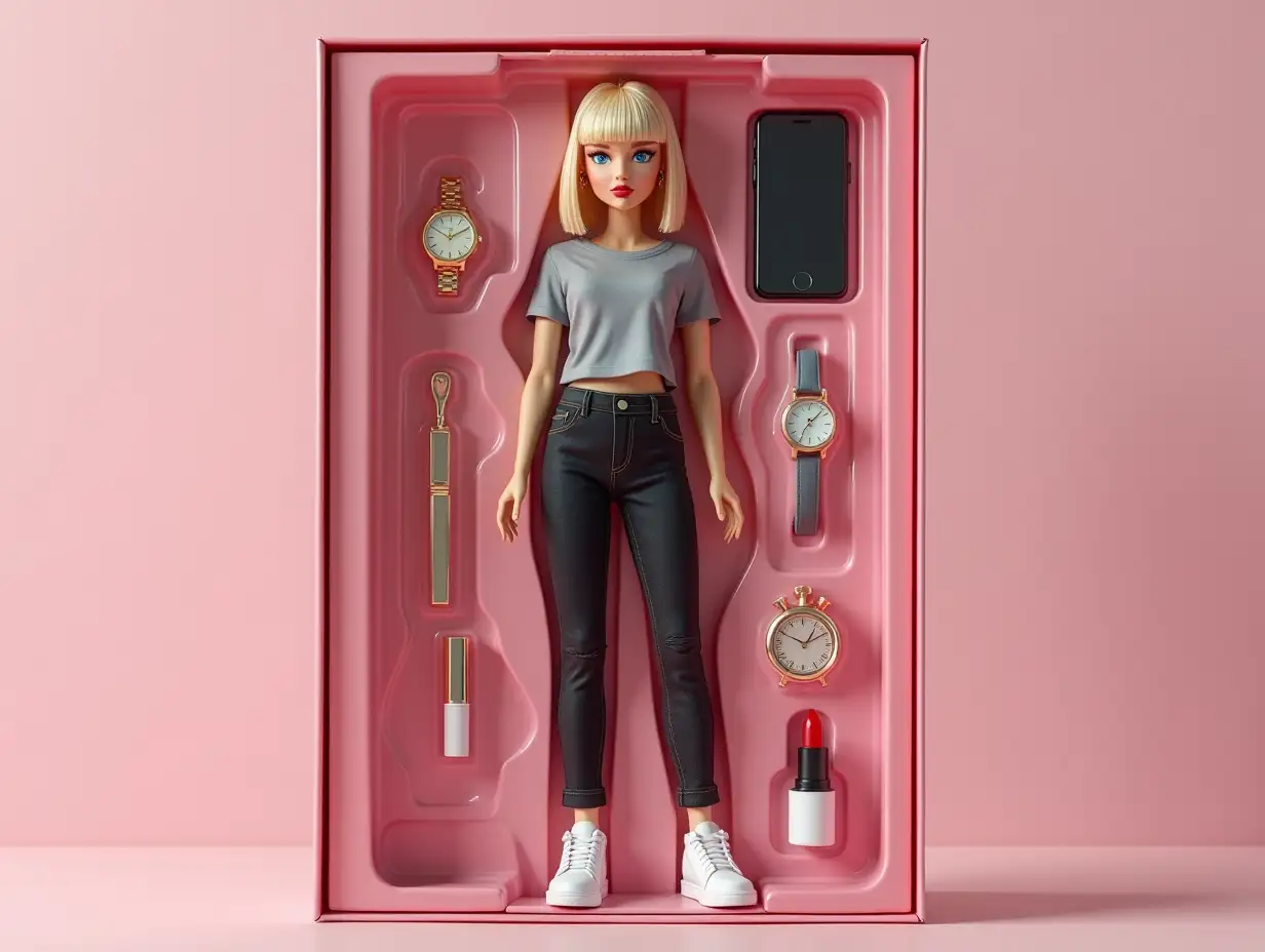 Create a collectible action figure of a person - like an expensive toy in packaging. Style: as realistic as possible, suitable for advertising or storytelling (aspect ratio 9:16). Main features: This is a 3D doll in the style of Bratz, made of plastic. The character is full size, with a relaxed and serious face. It should be a girl with straight blonde hair, a short bob cut, blue eyes, golden earrings, and red lipstick. The doll is dressed in black jeans, a gray t-shirt, and white sneakers. Copy every detail: hairstyle, lips, eyes, facial features, and proportions. Packaging: Modern box style. The box: transparent plastic in front, cardboard back. Light colors. At the top of the box should be the name of the character (Angelika) - letters are embossed and engraved on the box. Accessories inside the box: (lipstick, watch, and iPhone 13). Arranged next to the doll in their places in separate compartments: first, second, third, fourth. The accessories are as photorealistic and detailed as possible.