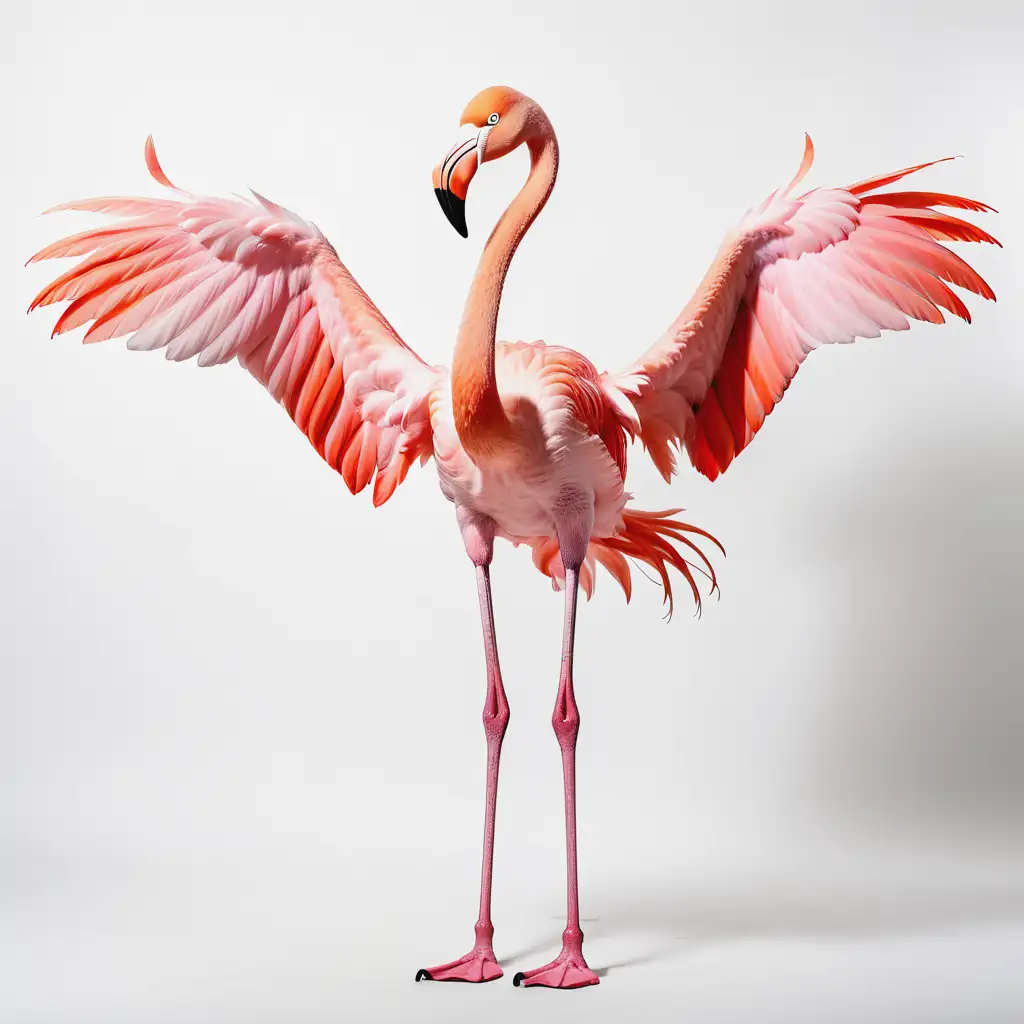 Flamingo Displaying Wings on a White Background