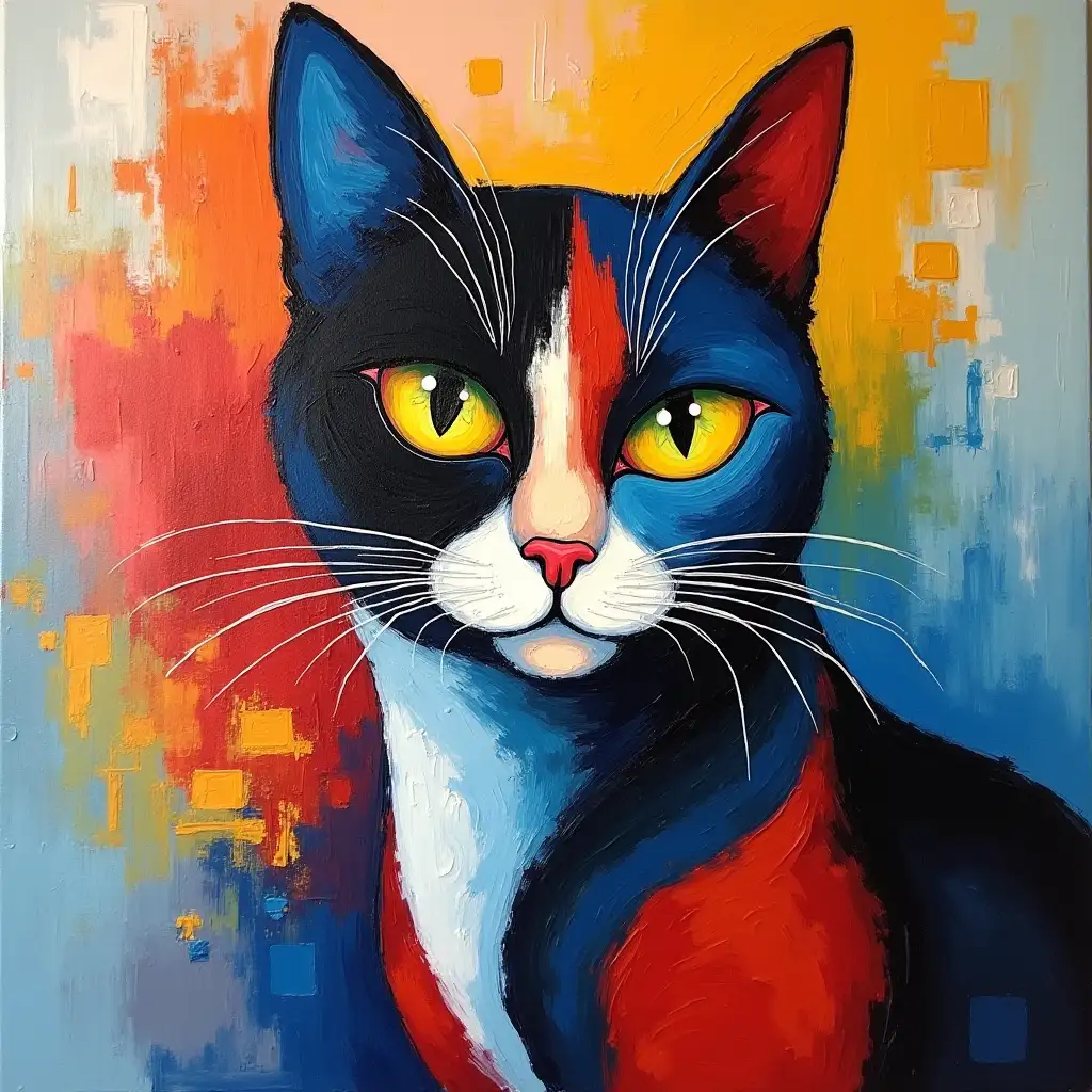 A color cell-style portrait of a coloured cat in the style of Kandinsky, Malevich, minimalism, simplified for beginner artists with acrylic and multiple colors, constructivism abstract expressionism, gloomily.