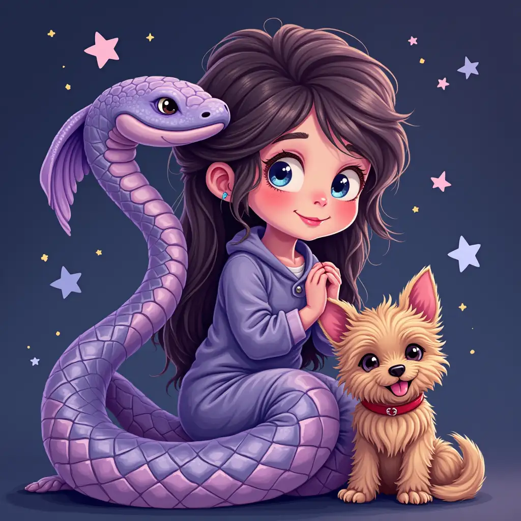 Pisces-Girl-with-Smart-Snake-and-Yorkie-Dog-in-Rainbow-Purple-Tones-with-Love-Stars-and-Dreams