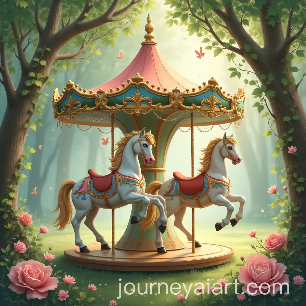 Whimsical-Fairytale-Carousel-in-a-Forest-Clearing-with-Blooming-Flowers-and-Butterflies