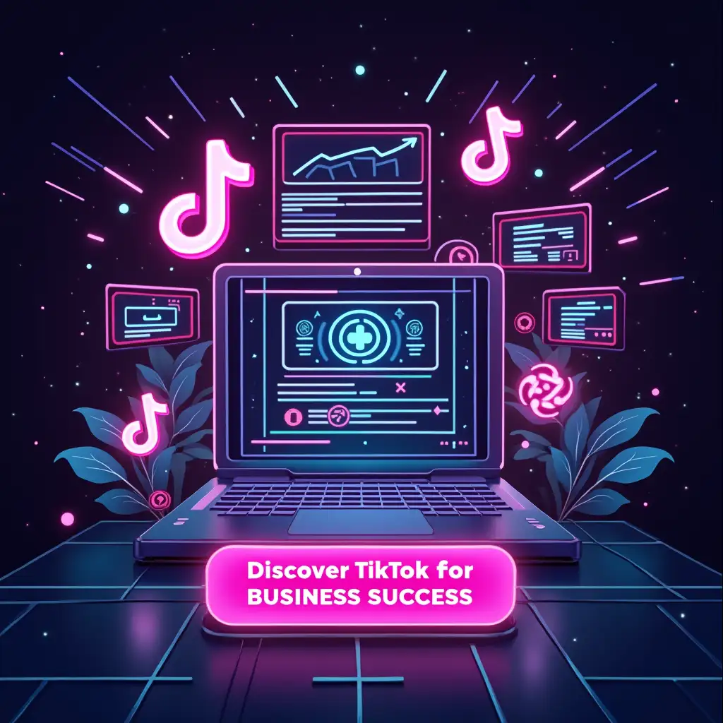 Create a vibrant, futuristic image that illustrates navigating TikTok for business. Use neon pink, electric blue, and metallic silver. Incorporate TikTok icons, trending videos, and digital grids. Add a button with a neon pink gradient saying 'Discover TikTok for Business Success.' The background should convey excitement and modernity, appealing to a young audience.