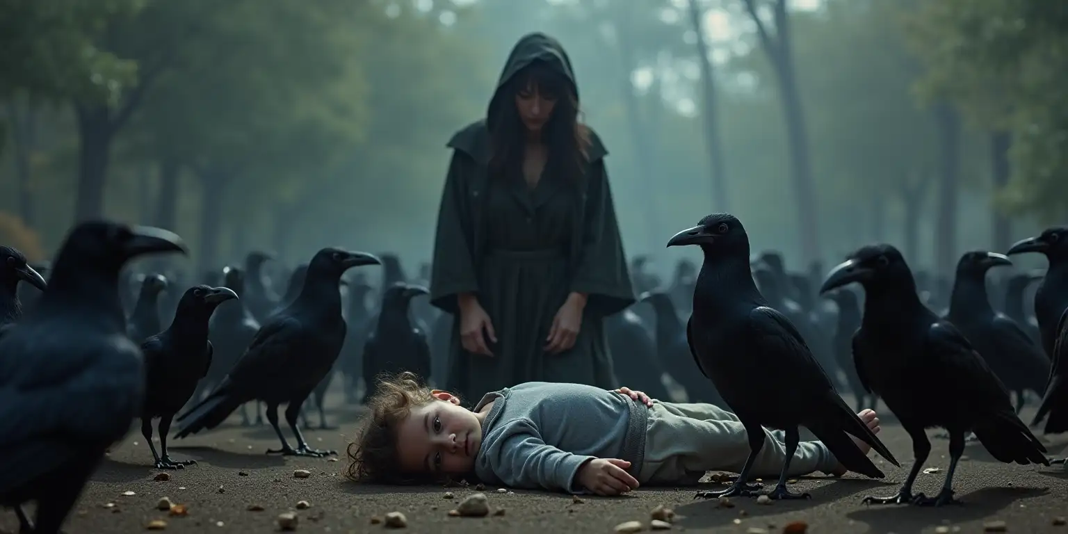 Anxious Mother Protecting Child from Black Crows