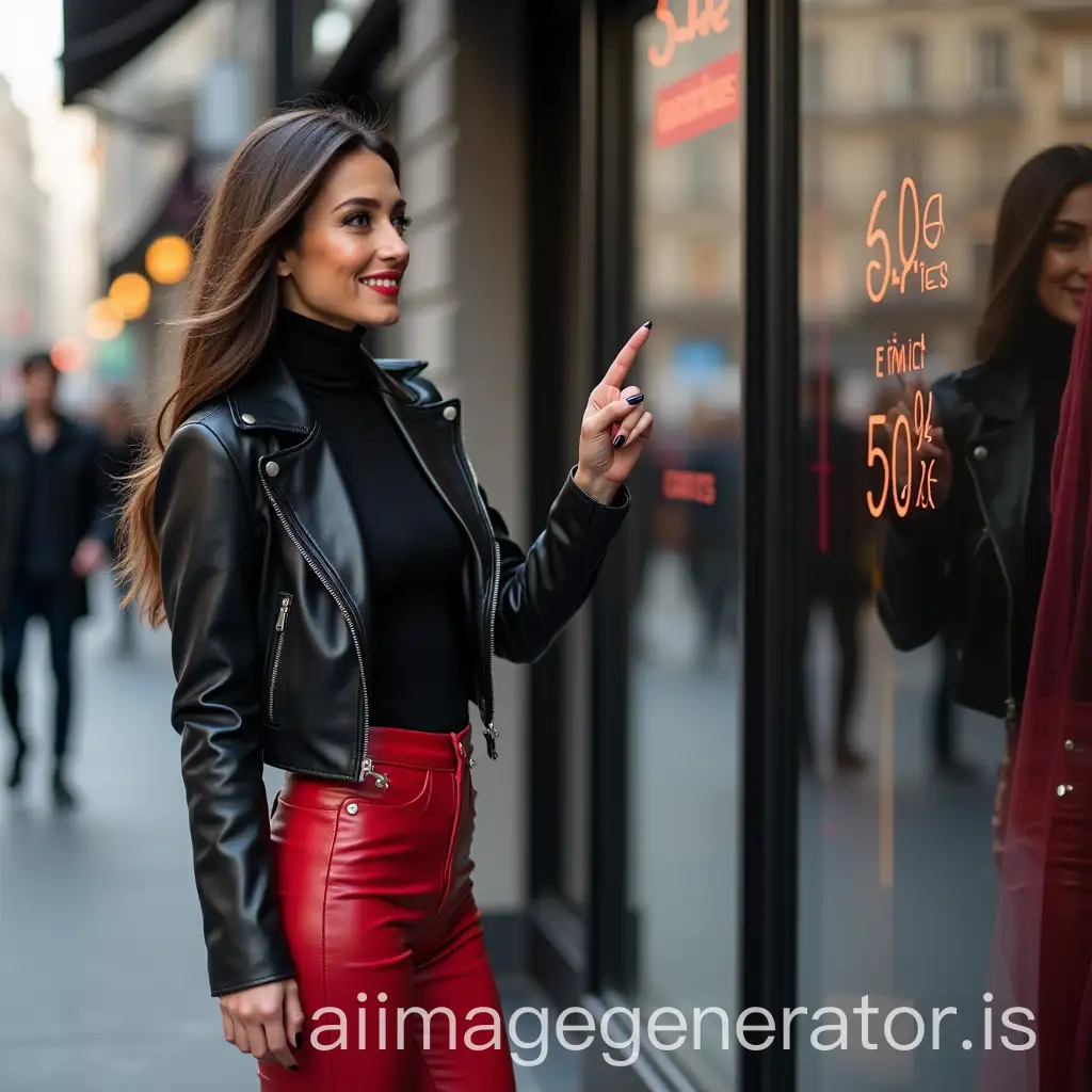Scene in a busy city. Before a shopping window of a leather clothes store stands a 30 years old slender, athletic french woman with long dark brown hair. She has professional makeup, black lipstick and black fingernails. She wears skintight red leather pants, knee high black leather stiletto boots, black turtleneck, a short elegant black collarless leather jacket. She points with her index finger to an offer in the window. And smiles.