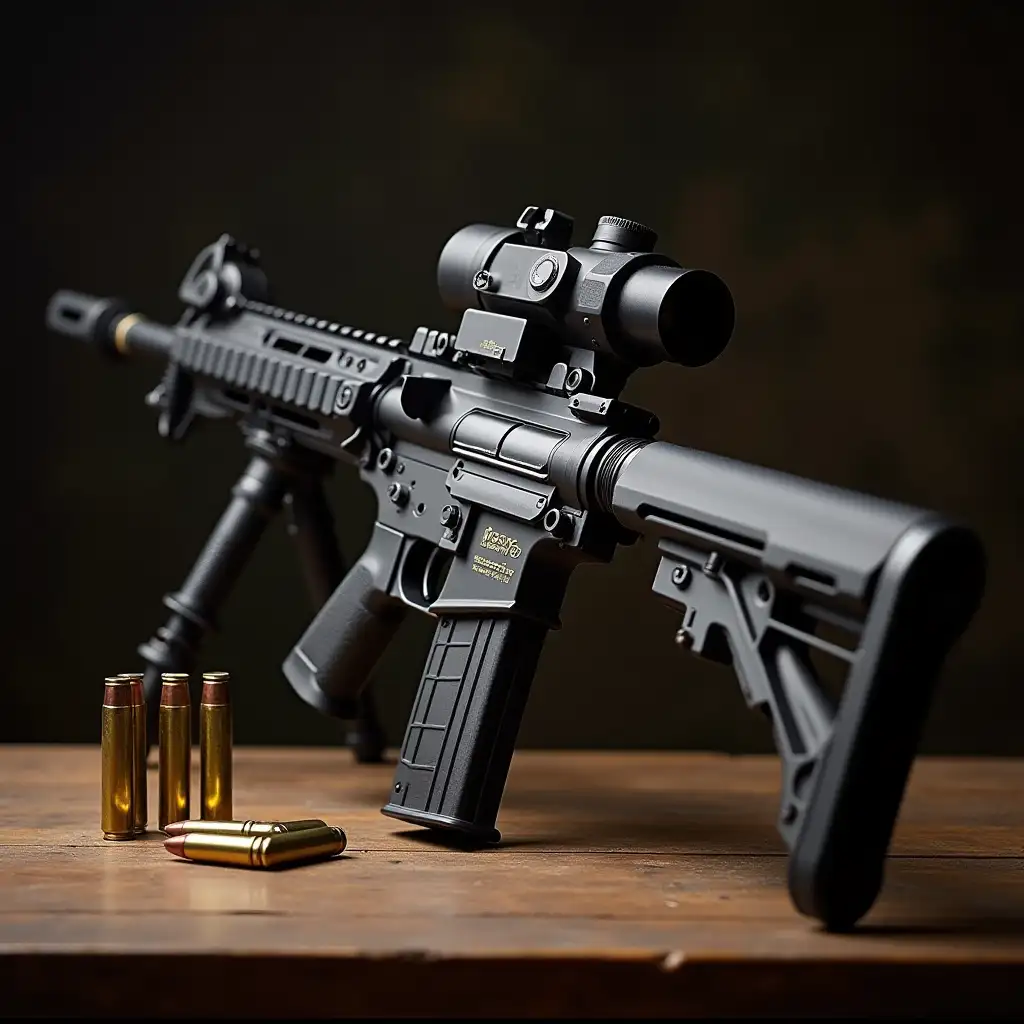 Heckler & Koch  Gewehr HK G36C AEG with ammunition on the table portrait 75mm