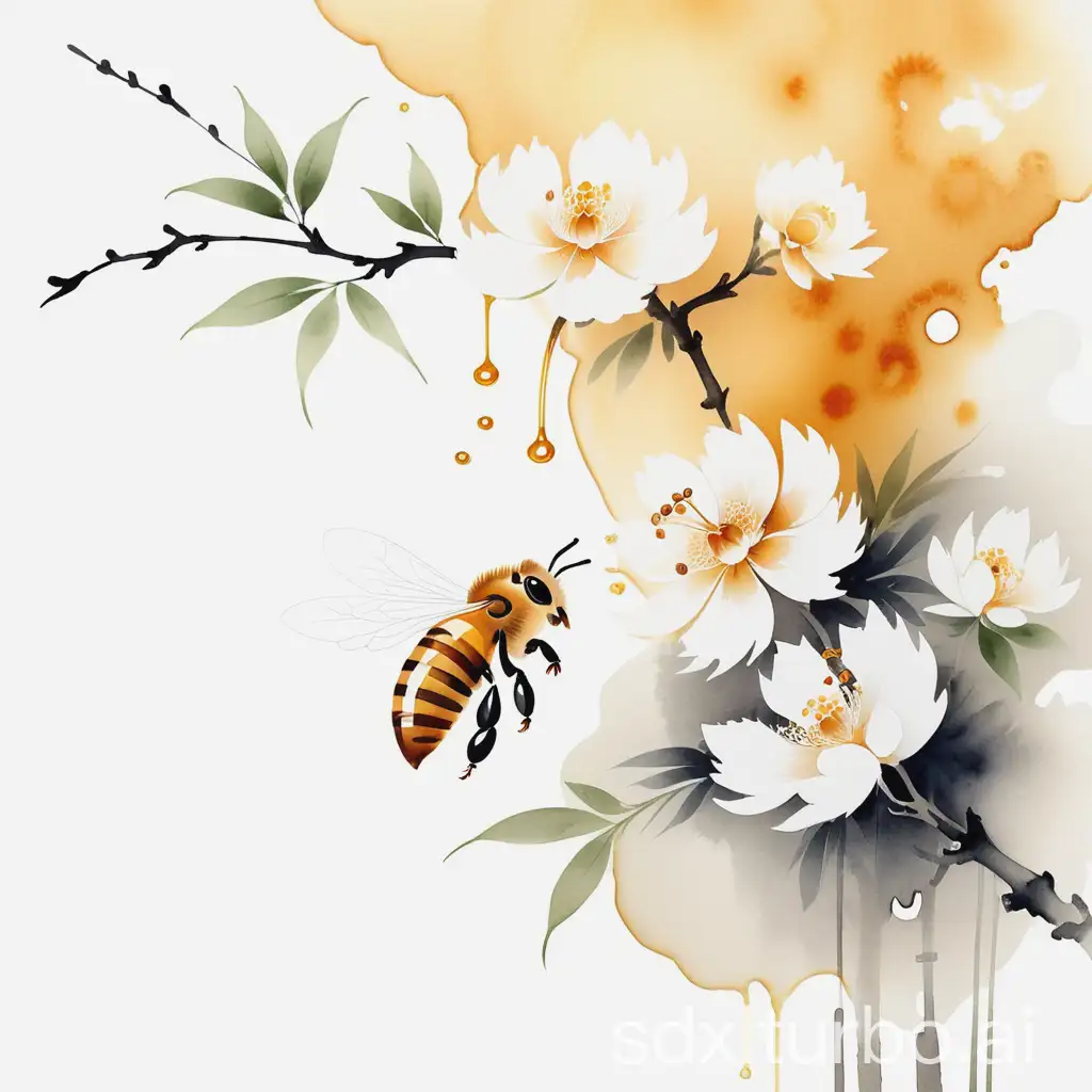 Elegant-Chinese-Style-Honey-on-White-Background-in-Watercolor-Ink-Painting