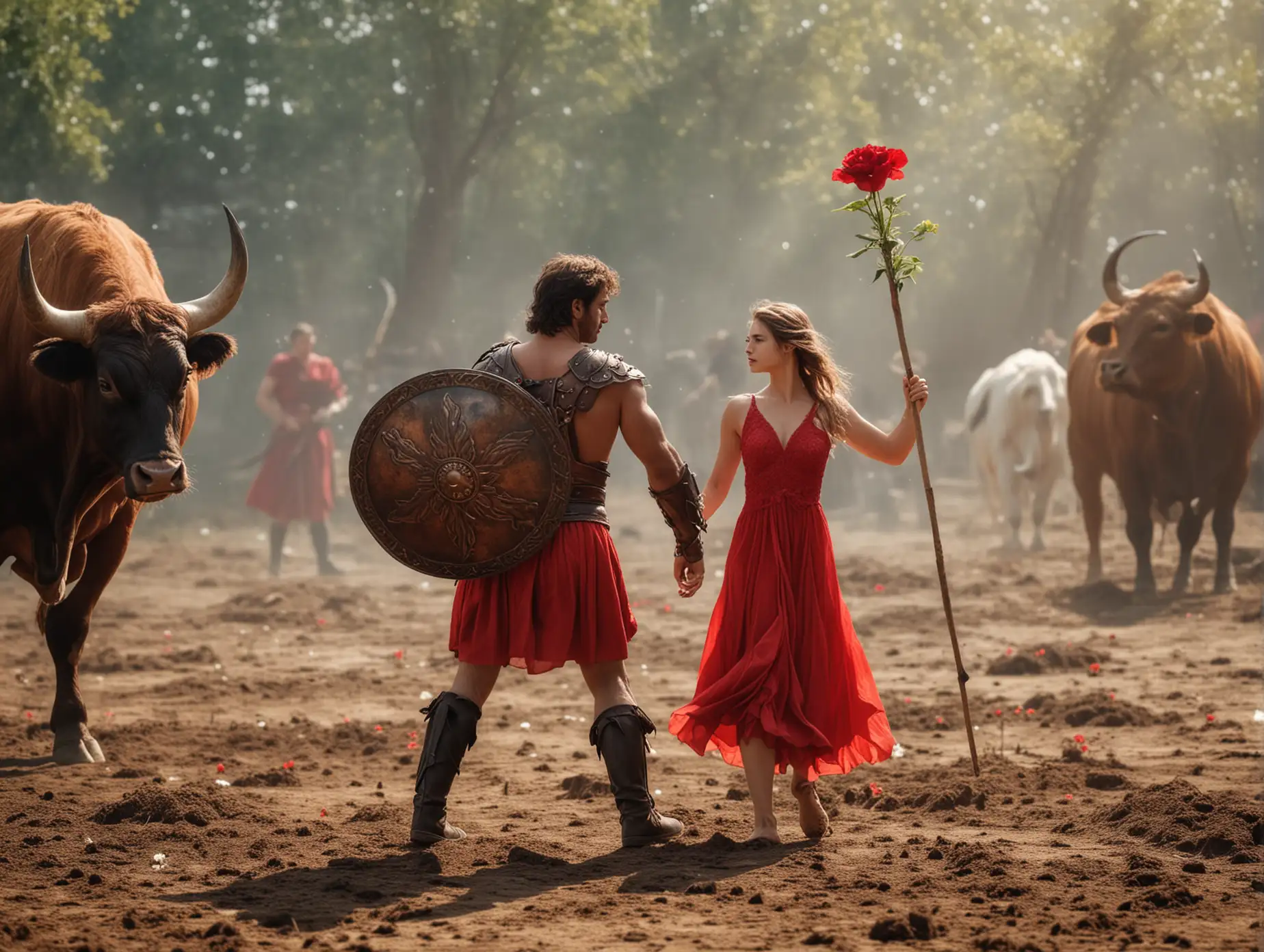 Man-with-Shield-and-Spear-Facing-Bull-in-Arena-with-Girl-in-Red-Dress