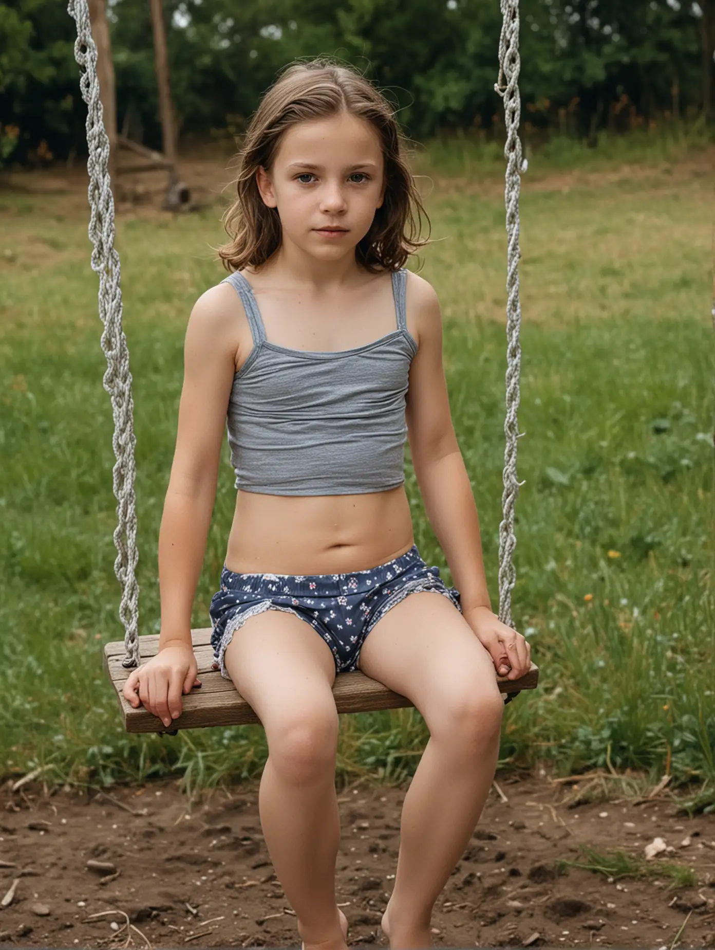 Eleven years old sits on a swing in underpants