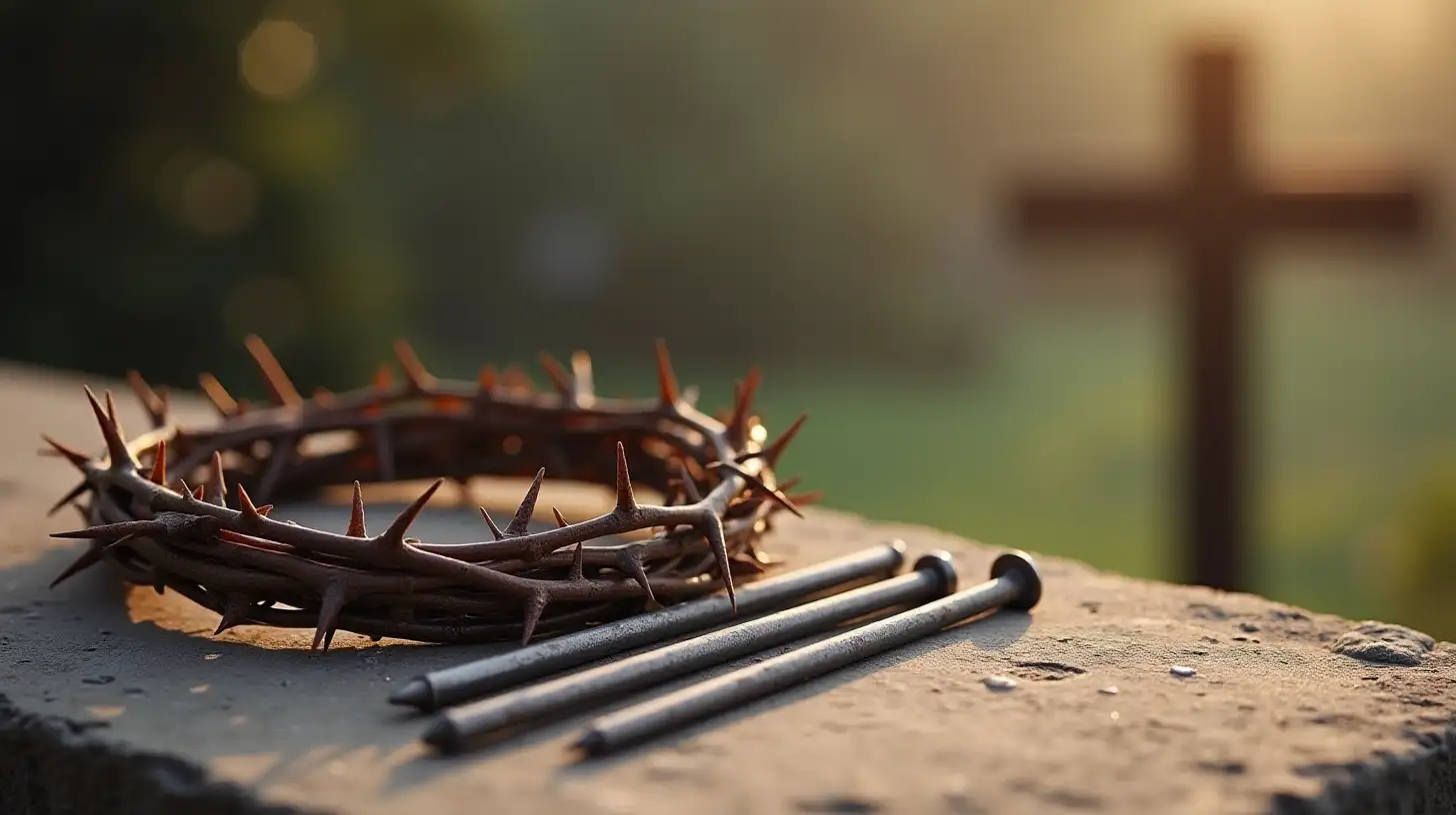 Crown of Thorns and Nails Beside a Cross