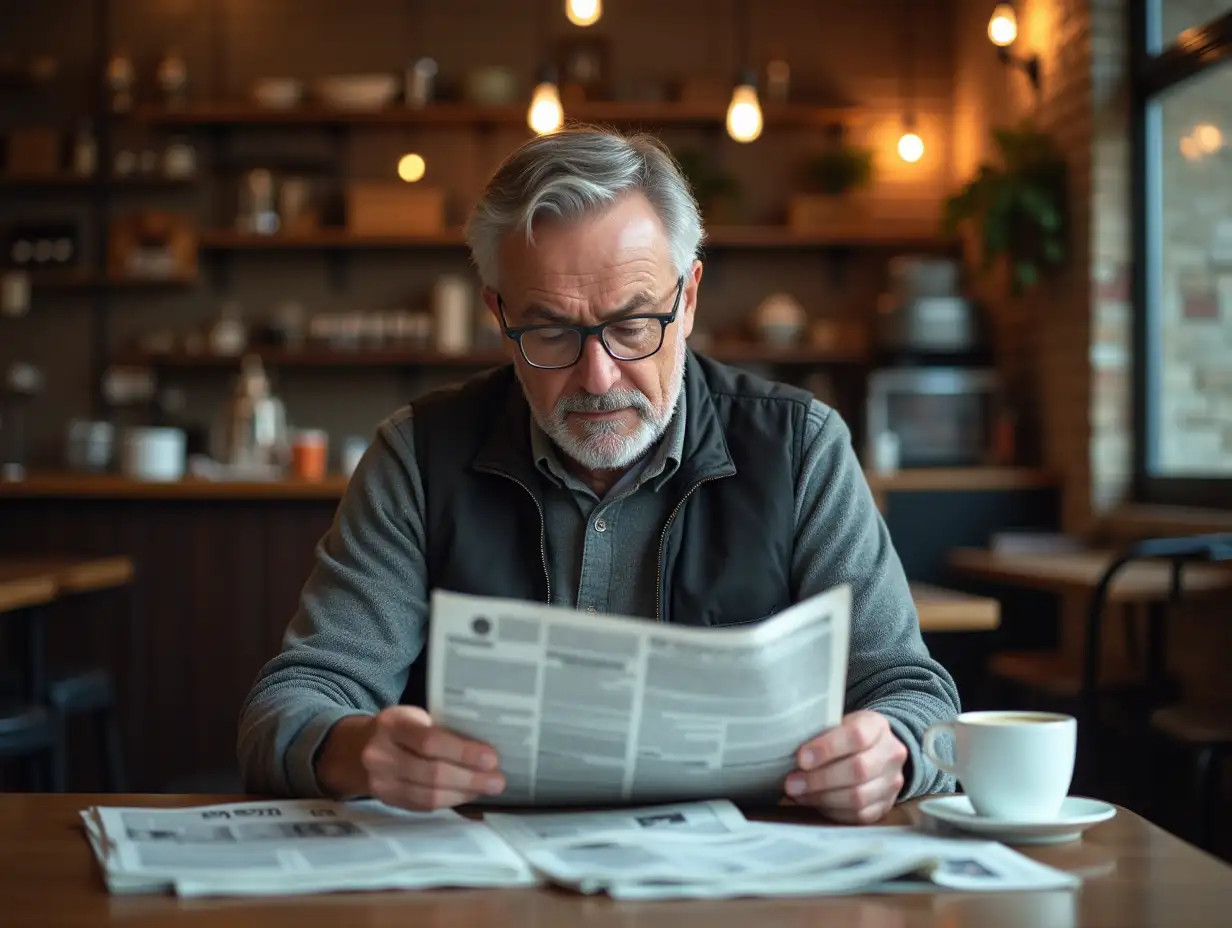 A middle-aged man is sitting at a coffee shop table, looking down at a newspaper, with a cup of coffee and scattered newspapers on the table, and a blurry coffee shop background, the scene is quiet and cozy