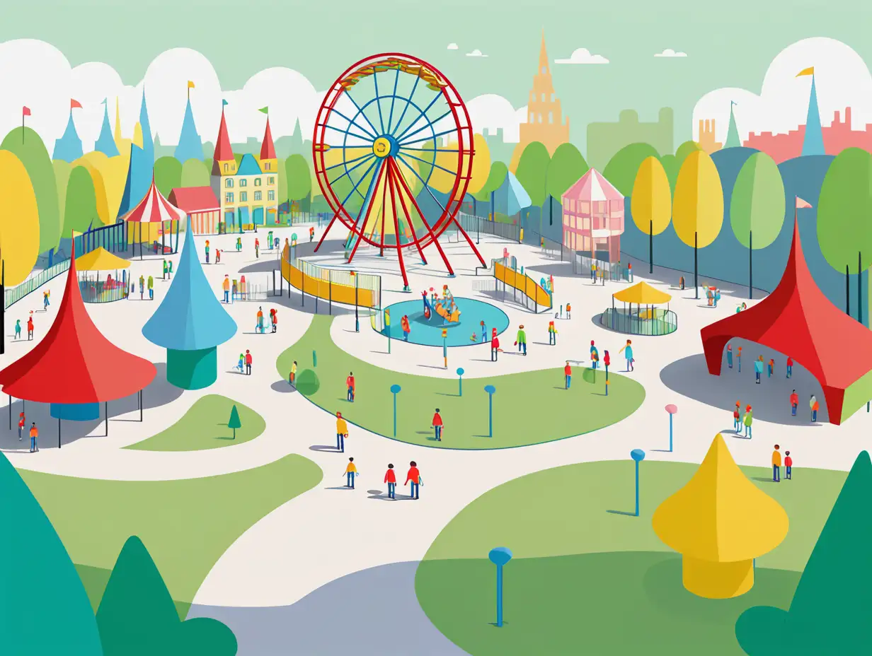 Very simplified and enlarged vectorial drawing of a person visiting a low carbon European theme park for child and adults surrounded by a city. Use very light pastel colors like green, red, blue and yellow.