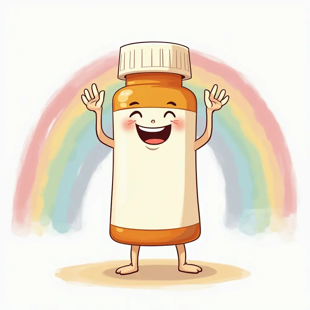 Cheerful Medication Bottle Celebrating in Front of Rainbow