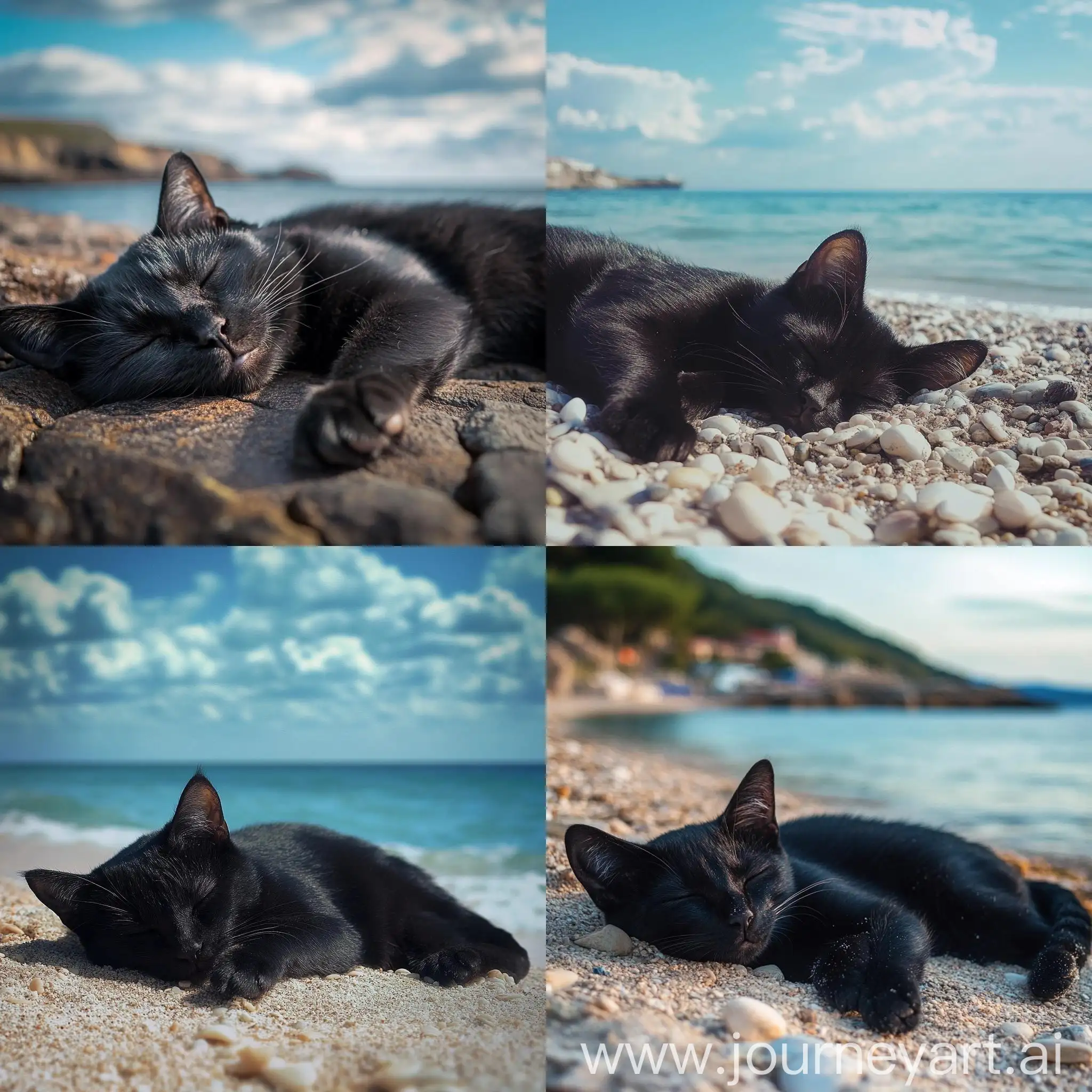 Lazy-Black-Cat-Sleeping-on-Sea-Shore-at-10-AM