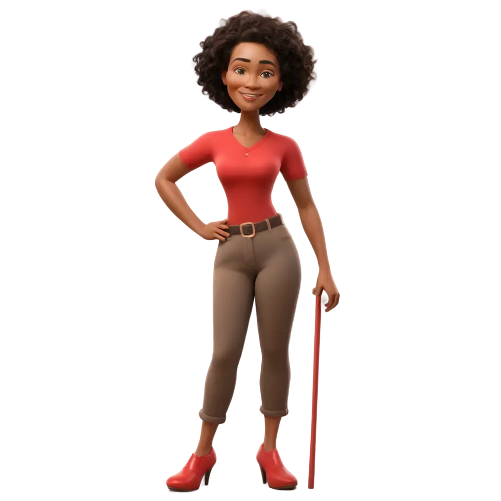 3D-PixarStyle-Black-Woman-in-Her-40s-PNG-Image-Smiling-Leaning-on-a-Red-Walking-Stick