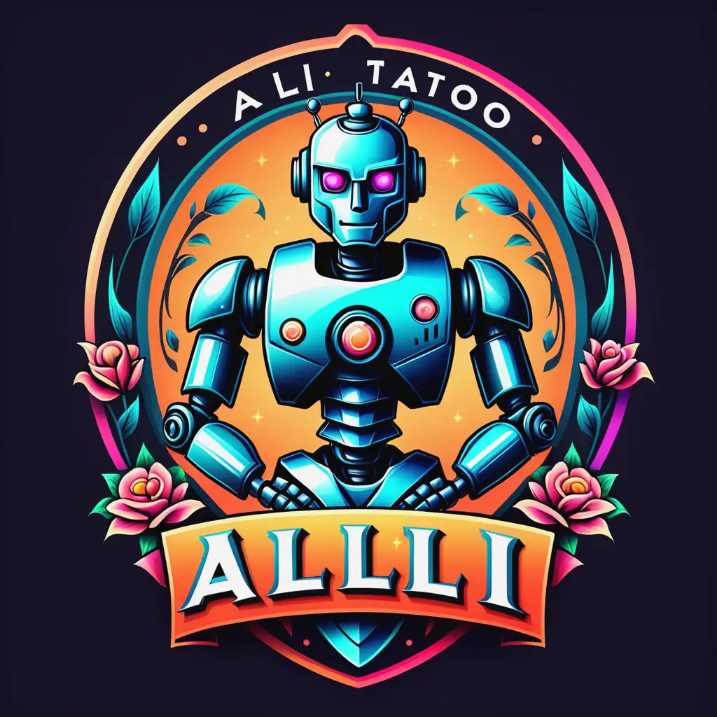 Fantasy-Logo-with-Robot-for-ALI-TATTOO-Brand-Featuring-Stylish-Font-and-Bright-Colors