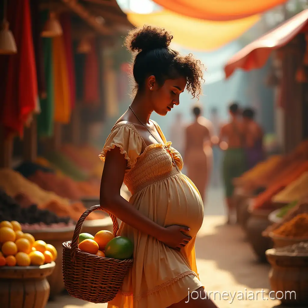 Pregnant-WomanAI-Image-Prompt-Expansion-Dancing-in-Vibrant-Marketplace-with-Colorful-Fruits-and-Stalls
