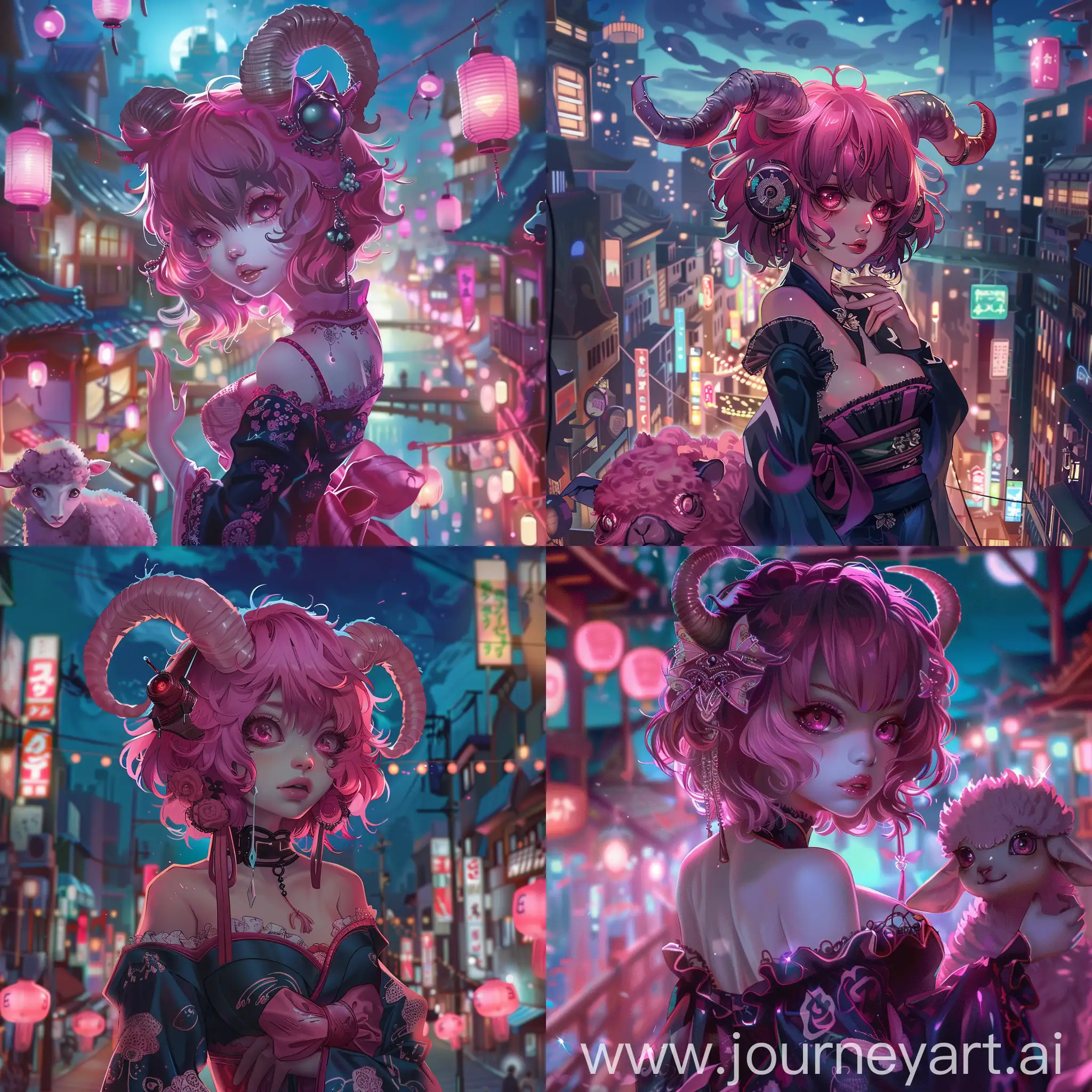 Anime-Pink-Hanfu-in-Night-Megapolis-with-Pink-Sheep