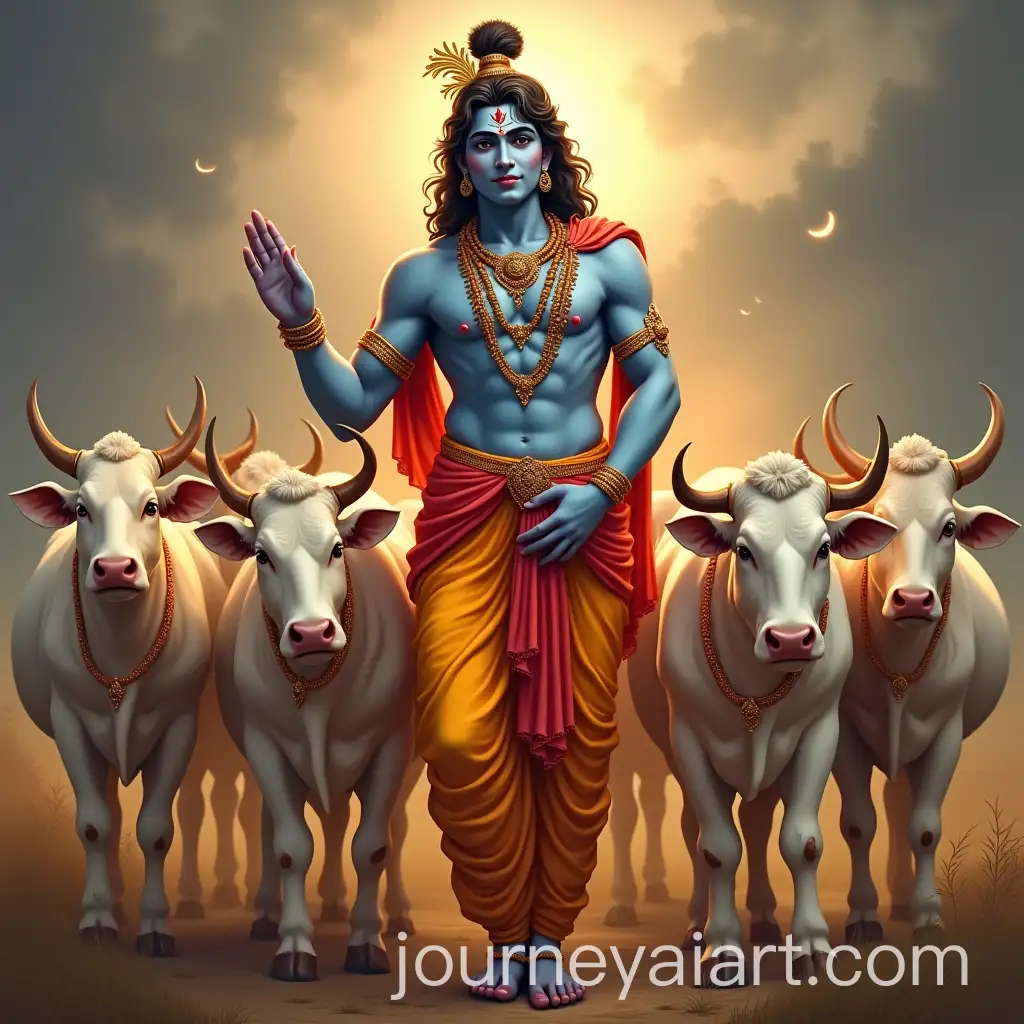 Krishna-Ji-Surrounded-by-Seven-Sacred-Cows-in-Serene-Landscape