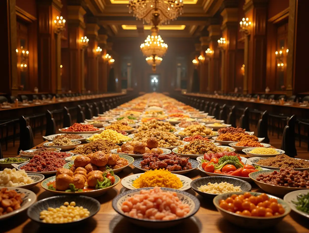 A massive table, fading off into the distance, stacked full of sumptuous foods and dishes from all over the world, within a lavish banquet hall.