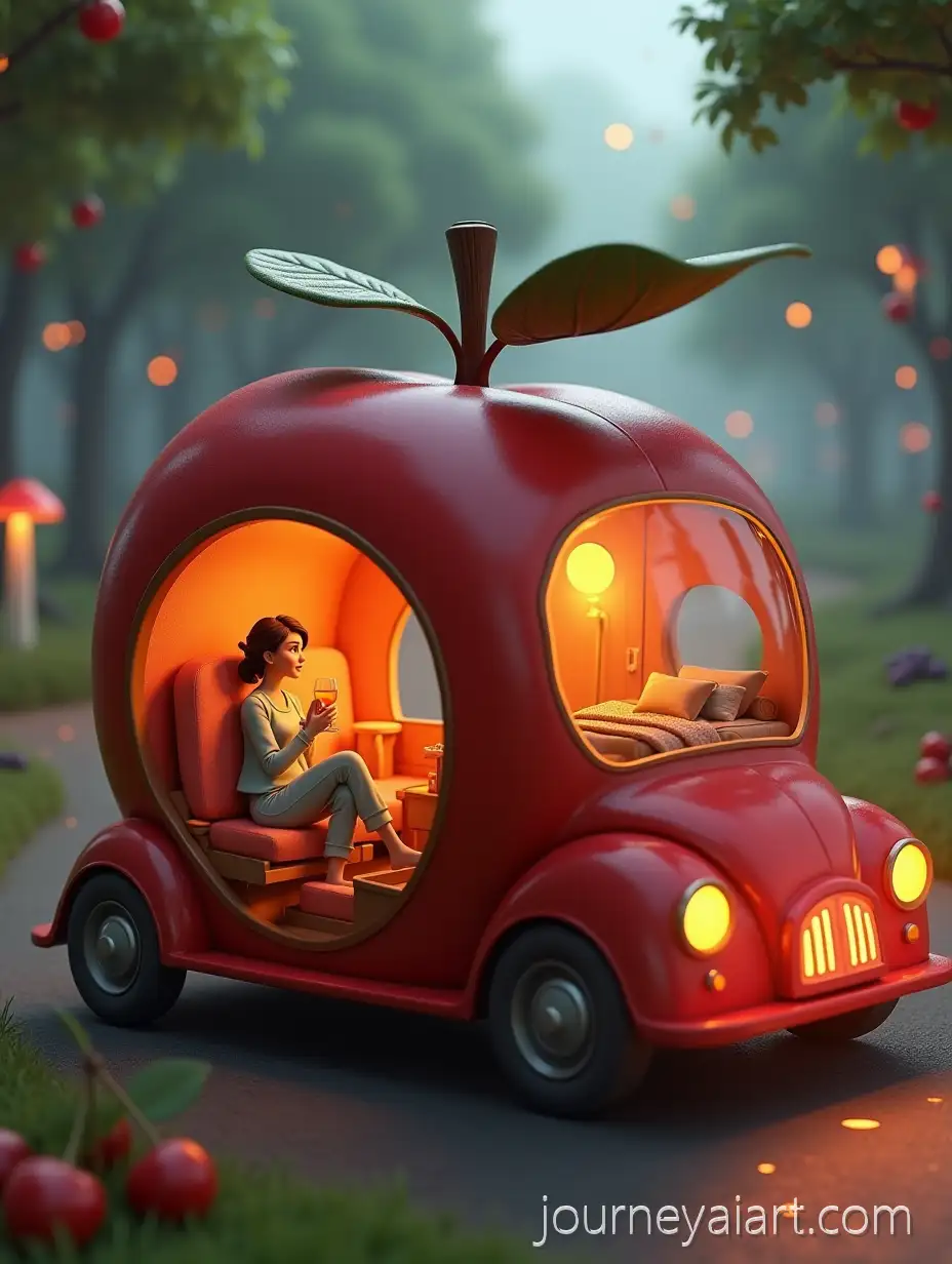 Whimsical-3D-AppleShWhimsical-apple-car-journeyaped-Car-in-Magical-Forest-with-Cozy-Interior