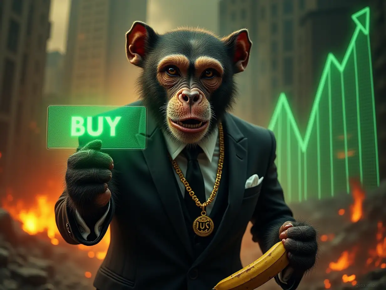 A monkey in a sharp suit confidently clicks the 'BUY' button with its paw, holding a banana in the other hand. The pitbull has ears perked up, a strong, manly muzzle, and wears gold chains featuring a 'BOF' pendant. In the background, depict a chaotic scene of a crumbling, burning cityscape, symbolizing the 'old world' with banks and corporations in disarray. The Monkey strides forward, leaving destruction behind, while a slick, dynamic chart with glowing green flames, arrows, and milestones resembles explosions or lightning strikes. Ensure a full-face view of the Monkey for a dramatic effect.