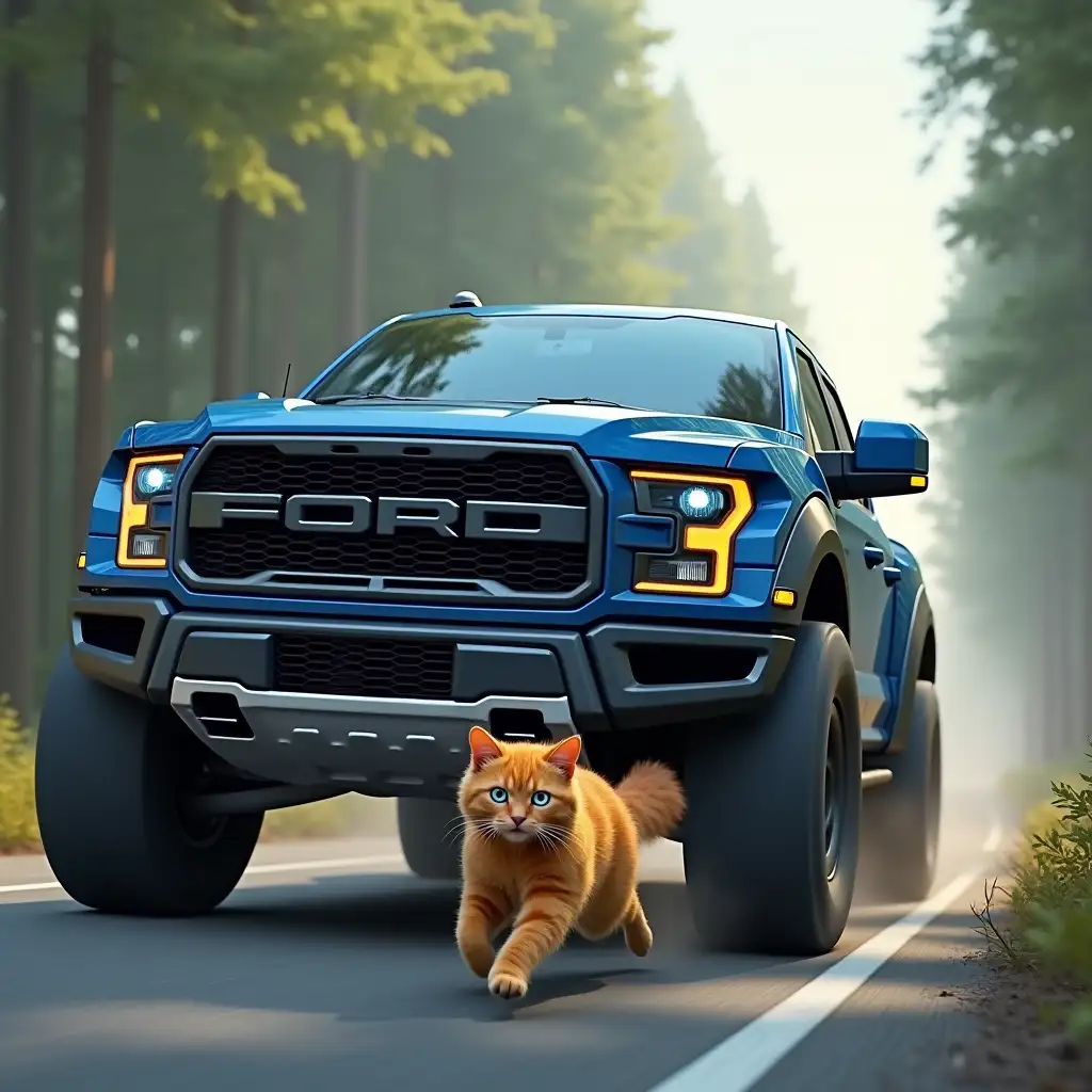 Huge blue ford f-150 raptor truck chases a shaggy ginger cat, who runs away in fear along the road, one of the cat's eyes is blue and the other is yellow, with a terrifying forest spirit driving, computer graphics