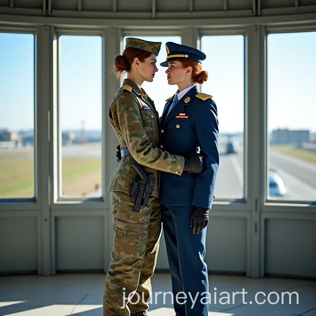 Russian-Military-Women-in-Uniform-Embracing-at-Airfield-Observation-Tower