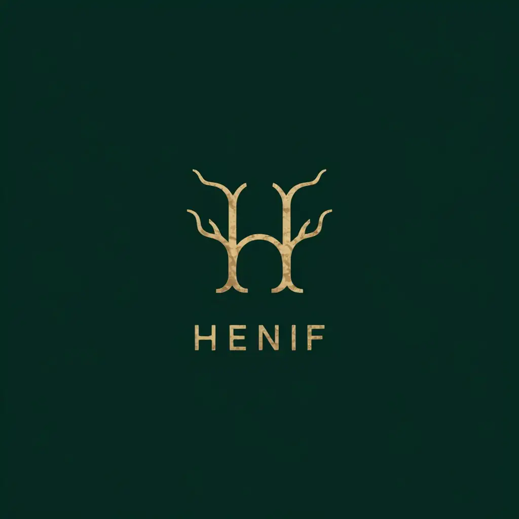 LOGO Design for HENIF Luxurious Gold Monogram with Plane Tree Branch Extensions on Deep Green or Black Background