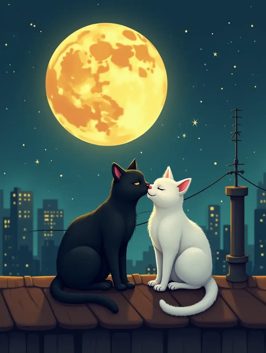 Catoon Funny cute black cat and small  nice white cat kissing at night on the roof under the yelow moon  moon in the form of a sickle of cheese with holes and stars next to the pipe and antenna background city